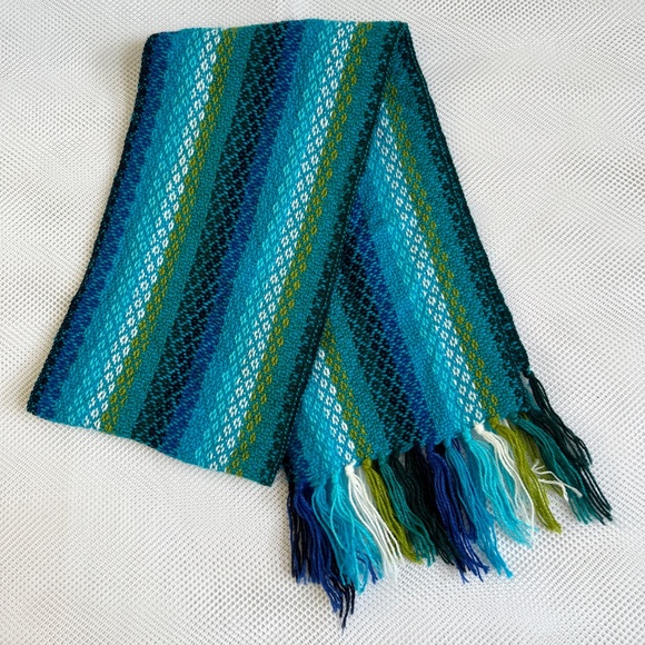 Alpaca Scarf Blue Green Striped Fringe Rectangle Woven Lightweight 8" x 58" - Picture 1 of 4
